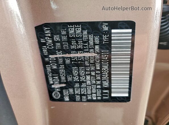 KM8J84A68MU014911 2021 HYUNDAI NEXO Brown VIN կոդի պիտակի տեսք
