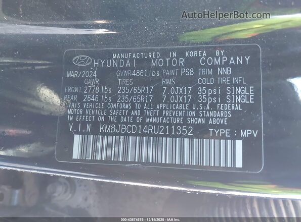 KM8JBCD14RU211352 2024 HYUNDAI TUCSON HYBRID Black Vista del compartimento del motor