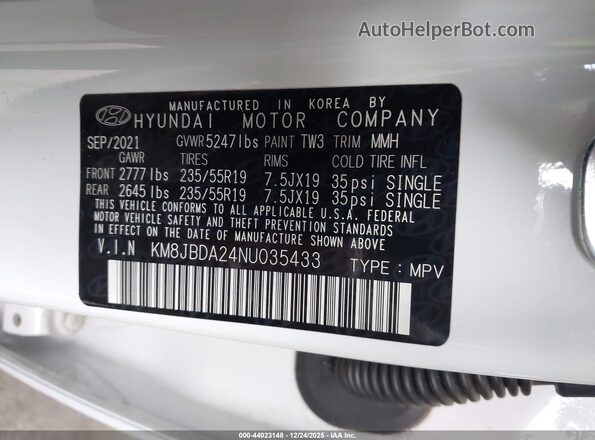 KM8JBDA24NU035433 2022 HYUNDAI TUCSON PLUG-IN HYBRID White Вид підкапотного простору