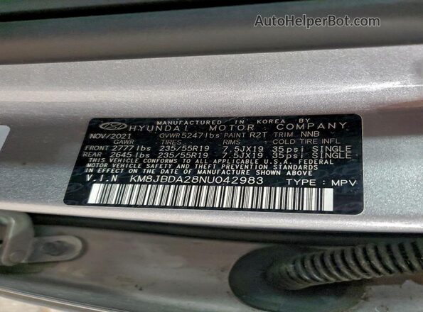 KM8JBDA28NU042983 2022 HYUNDAI TUCSON Silver Панорамний вид салону 360°