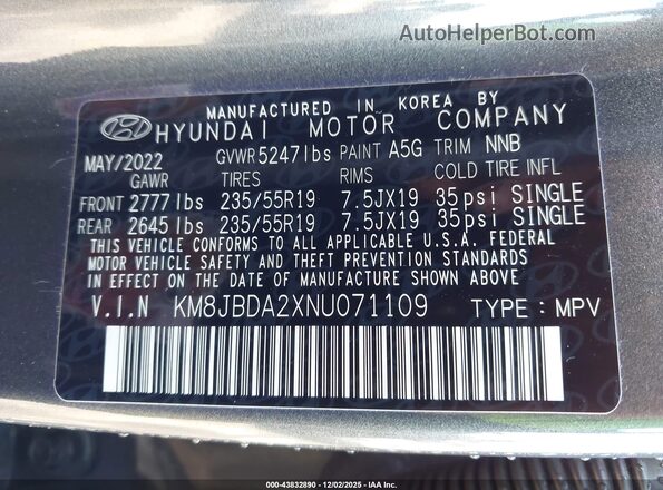 KM8JBDA2XNU071109 2022 HYUNDAI TUCSON PLUG-IN HYBRID Gray Вид підкапотного простору