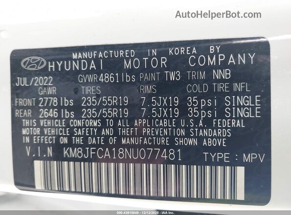 KM8JFCA18NU077481 2022 HYUNDAI TUCSON HYBRID White Շարժիչի բաժամունքի տեսք