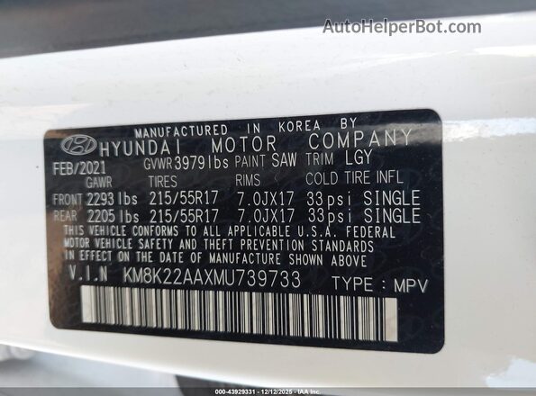 KM8K22AAXMU739733 2021 HYUNDAI KONA White 