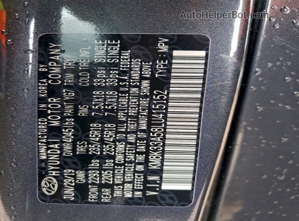 KM8K33A58LU415152 2020 HYUNDAI KONA Gray ძრავის განყოფილების ხედი