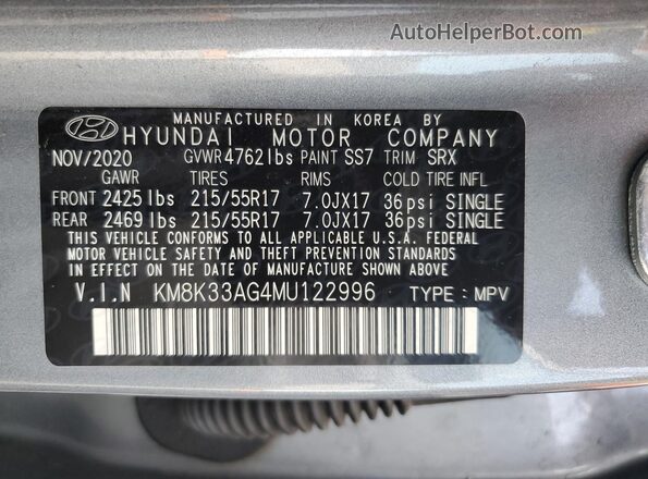 KM8K33AG4MU122996 2021 HYUNDAI KONA Серый Вид наклейки с VIN-кодом