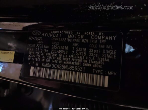 KM8K3CA35NU856531 2022 HYUNDAI KONA Black ძრავის განყოფილების ხედი