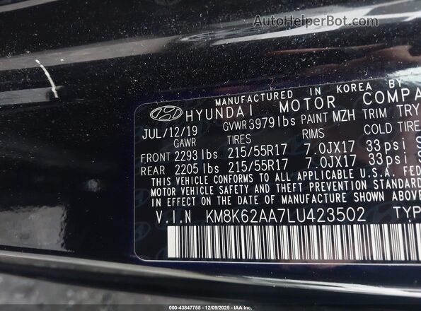 KM8K62AA7LU423502 2020 HYUNDAI KONA Black Вид підкапотного простору