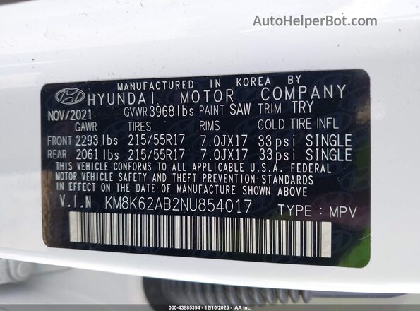 KM8K62AB2NU854017 2022 HYUNDAI KONA Белый Вид подкапотного пространства