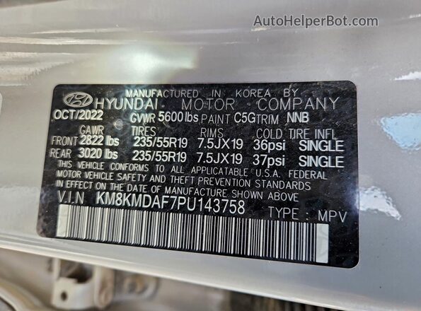 KM8KMDAF7PU143758 2023 HYUNDAI IONIQ Gray VIN sticker view