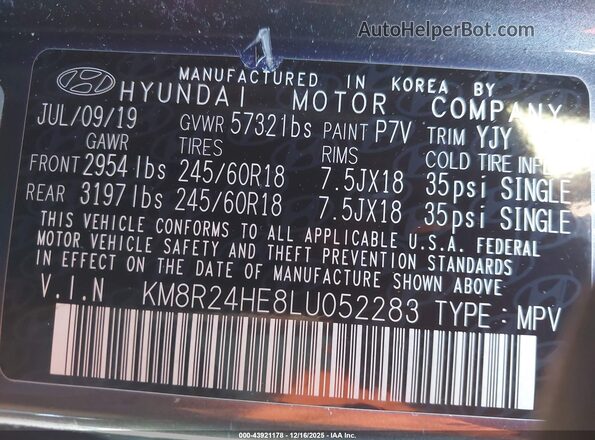 KM8R24HE8LU052283 2020 HYUNDAI PALISADE Green Вид підкапотного простору