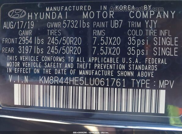 KM8R44HE5LU061761 2020 HYUNDAI PALISADE Dark Blue ძრავის განყოფილების ხედი