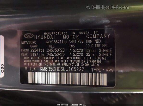 KM8R5DHE6LU165222 2020 HYUNDAI PALISADE Синий Вид подкапотного пространства