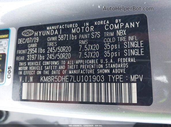 KM8R5DHE7LU101903 2020 HYUNDAI PALISADE Серый Вид подкапотного пространства