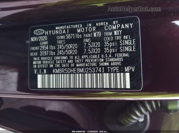 KM8R5DHE8MU253741 2021 HYUNDAI PALISADE Темно-бордовый 
