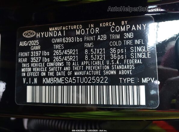 KM8RMESA5TU025922 2026 HYUNDAI PALISADE HEV Черный 