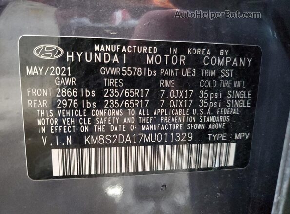 KM8S2DA17MU011329 2021 HYUNDAI SANTA Gray VIN კოდის სტიკერის ხედი