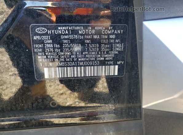 KM8S3DA11MU009153 2021 HYUNDAI SANTA Black Вид наклейки з VIN-кодом