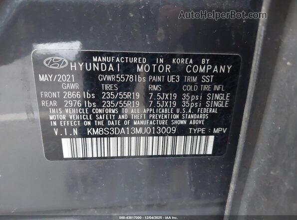 KM8S3DA13MU013009 2021 HYUNDAI SANTA FE HYBRID Gray Вид підкапотного простору
