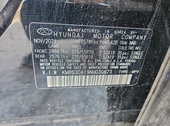 KM8S3DA19NU030673 2022 HYUNDAI SANTA Black 360 interior view