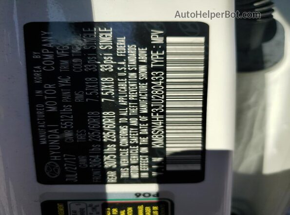 KM8SN4HF3JU280433 2018 HYUNDAI SANTA Белый 