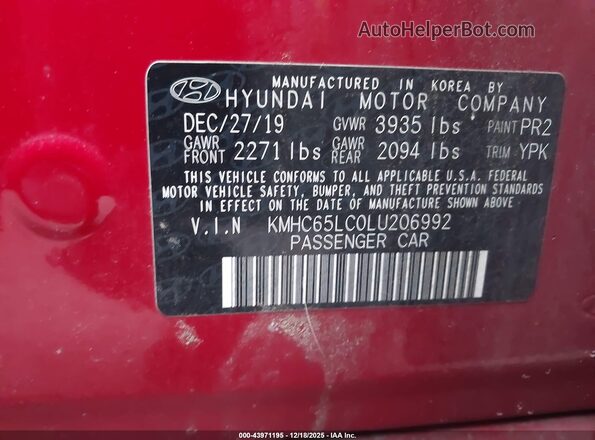 KMHC65LC0LU206992 2020 HYUNDAI IONIQ HYBRID Красный Вид подкапотного пространства