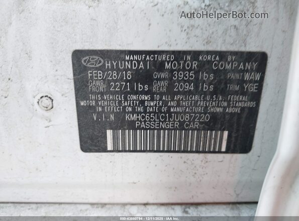 KMHC65LC1JU087220 2018 HYUNDAI IONIQ HYBRID White Շարժիչի բաժամունքի տեսք