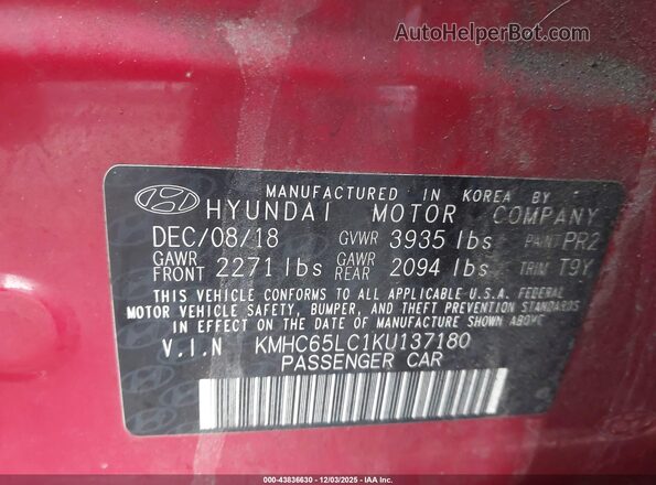 KMHC65LC1KU137180 2019 HYUNDAI IONIQ HYBRID Red Շարժիչի բաժամունքի տեսք