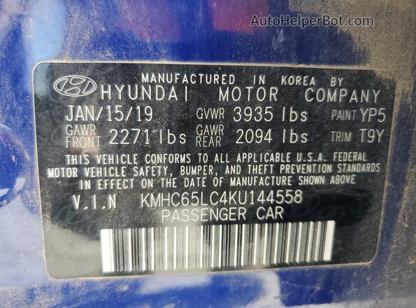 KMHC65LC4KU144558 2019 HYUNDAI IONIQ Синий 