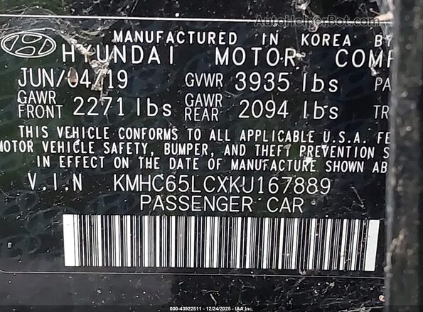 KMHC65LCXKU167889 2019 HYUNDAI IONIQ HYBRID Black Շարժիչի բաժամունքի տեսք
