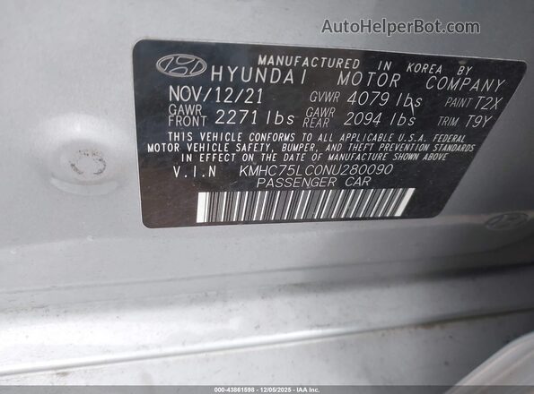 KMHC75LC0NU280090 2022 HYUNDAI IONIQ HYBRID Silver Շարժիչի բաժամունքի տեսք