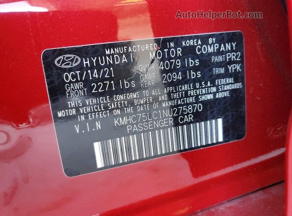 KMHC75LC1NU275870 2022 HYUNDAI IONIQ Red VIN կոդի պիտակի տեսք