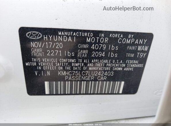 KMHC75LC7LU242403 2020 HYUNDAI IONIQ HYBRID White 