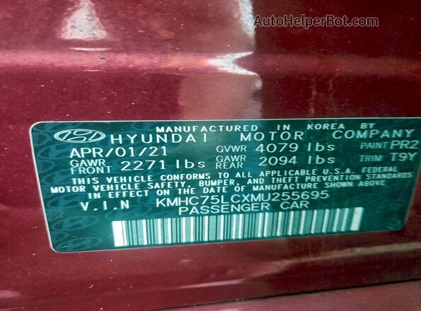KMHC75LCXMU255695 2021 HYUNDAI IONIQ Red Vista de la etiqueta del VIN