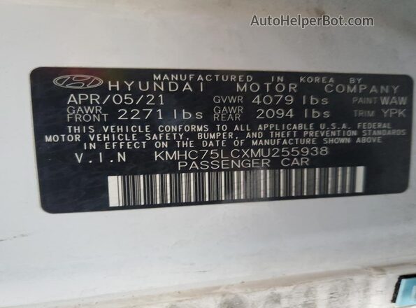KMHC75LCXMU255938 2021 HYUNDAI IONIQ White 