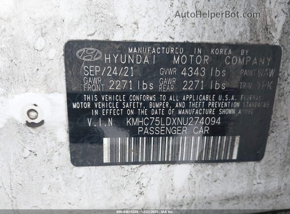 KMHC75LDXNU274094 2022 HYUNDAI IONIQ PLUG-IN HYBRID White Вид підкапотного простору