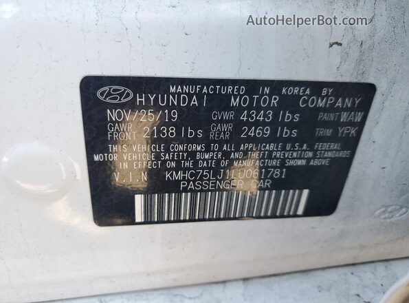 KMHC75LJ1LU061781 2020 HYUNDAI IONIQ White Вид наклейки з VIN-кодом