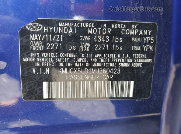 KMHCX5LD1MU260423 2021 HYUNDAI IONIQ Blue VIN კოდის სტიკერის ხედი