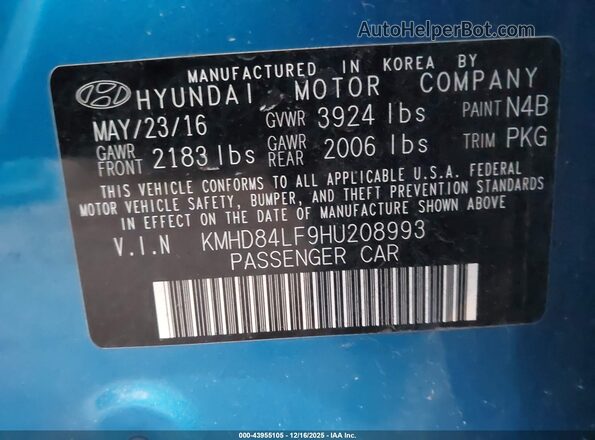 KMHD84LF9HU208993 2017 HYUNDAI ELANTRA Blue Engine compartment view