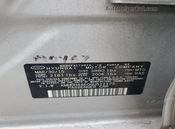 KMHDH4AE0GU512173 2016 HYUNDAI ELANTRA Silver Vista del compartimento del motor