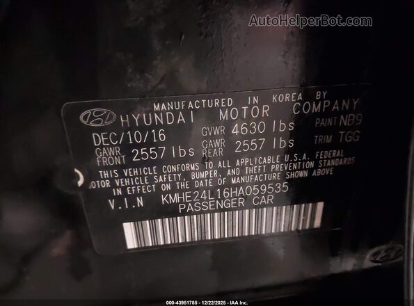 KMHE24L16HA059535 2017 HYUNDAI SONATA HYBRID Black Engine compartment view