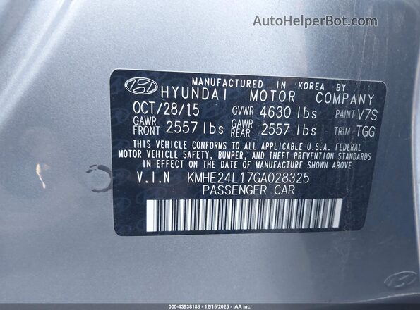 KMHE24L17GA028325 2016 HYUNDAI SONATA HYBRID Silver ძრავის განყოფილების ხედი