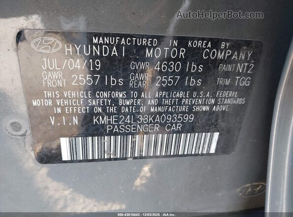 KMHE24L33KA093599 2019 HYUNDAI SONATA HYBRID Gray ძრავის განყოფილების ხედი