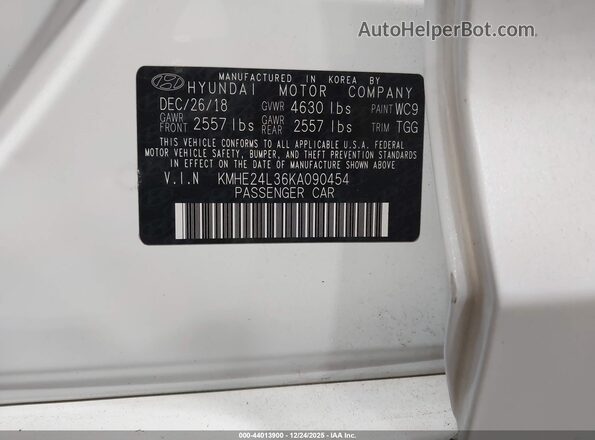 KMHE24L36KA090454 2019 HYUNDAI SONATA HYBRID Белый Вид подкапотного пространства