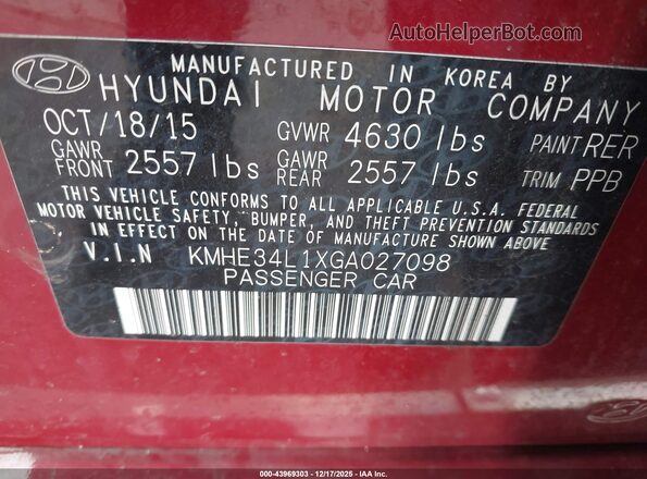 KMHE34L1XGA027098 2016 HYUNDAI SONATA HYBRID Red Widok komory silnika