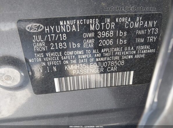 KMHH35LE0JU078508 2018 HYUNDAI ELANTRA GT Gray 