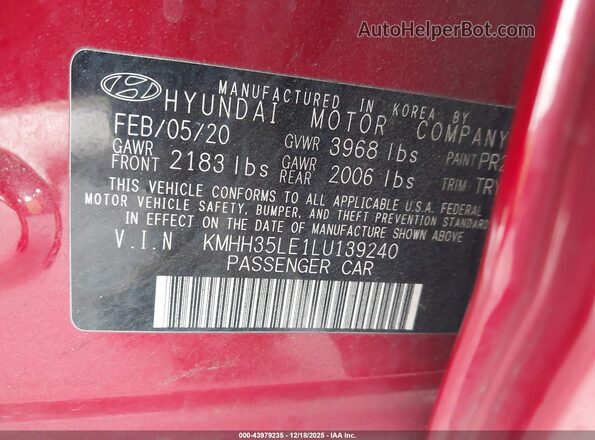 KMHH35LE1LU139240 2020 HYUNDAI ELANTRA GT Red Engine compartment view