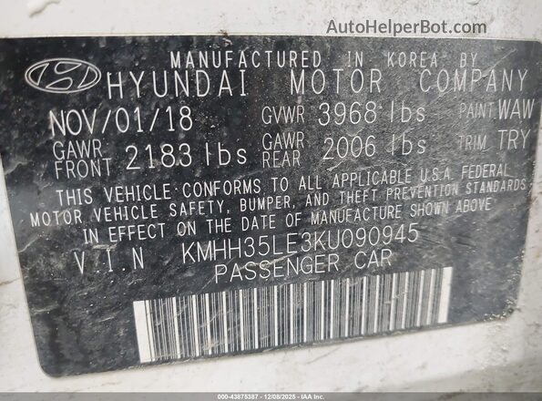 KMHH35LE3KU090945 2019 HYUNDAI ELANTRA GT White Engine compartment view