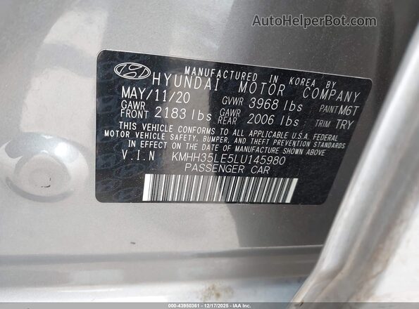KMHH35LE5LU145980 2020 HYUNDAI ELANTRA GT Gray Vista del compartimento del motor
