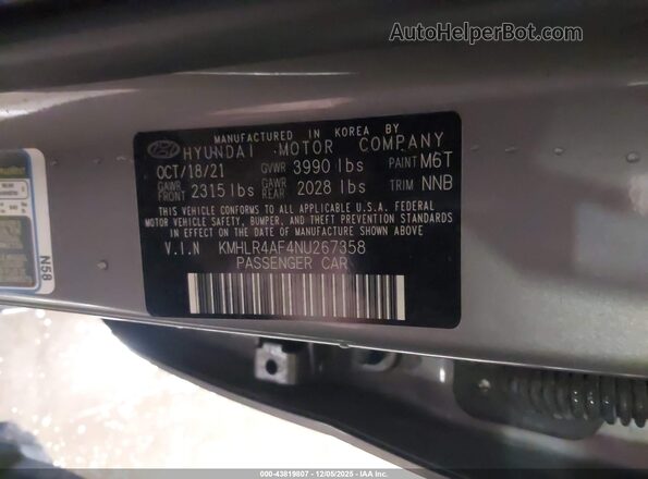 KMHLR4AF4NU267358 2022 HYUNDAI ELANTRA Серый Вид подкапотного пространства