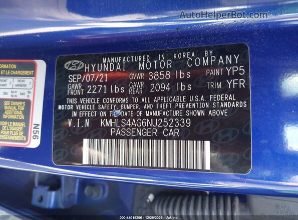KMHLS4AG6NU252339 2022 HYUNDAI ELANTRA Blue Widok komory silnika